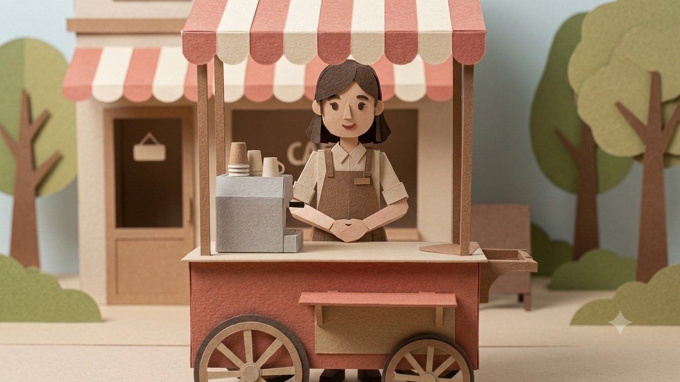 עגלת קפה מנייר עם מוכרת מאחורי הדלפק