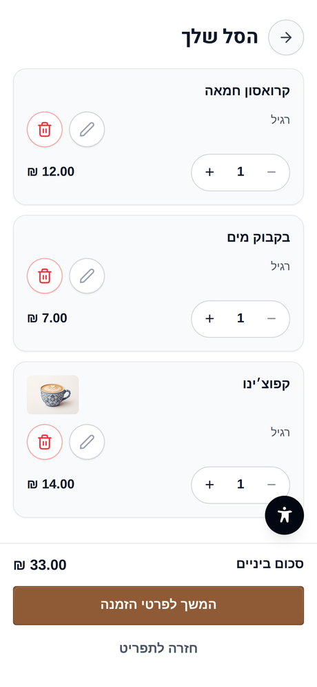 צילום מסך של עגלת הקנייה עם הפריטים שנבחרו וסכום הביניים.